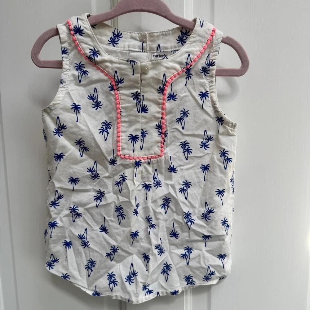 Carter's 2T Girls Blue and White Palm Tree Tropical Sleeveless Blouse Top